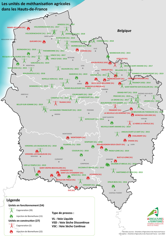 Carte des unités de méthanisation agricoles dans les Hauts-de-France - juin 2020