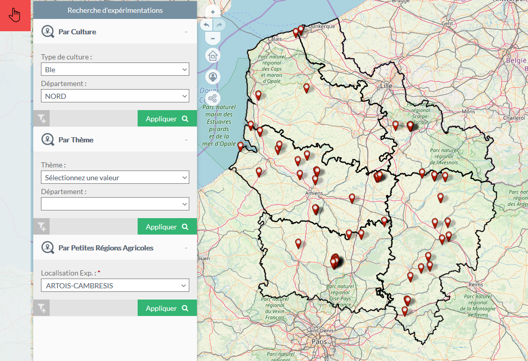 Carte des résultats des expérimentations menées par les Chambres d'agriculture Hauts-de-France